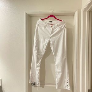 Jaanuu White Flare Pants with Gold Buttons